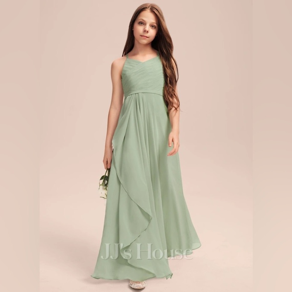 A-line V-Neck Floor-Length Chiffon Jr Bridesmaid Dress With Cascading Ruffles